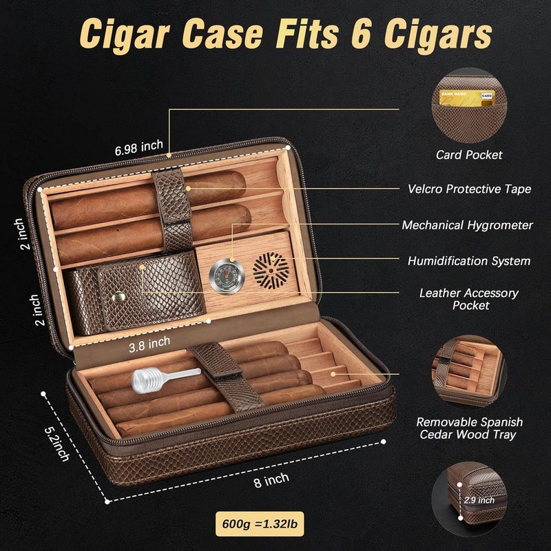 TISFA Cigar Travel Humidor for Cigars Portable Cigar Humidor with All in one Cigar Torch Lighter, Cigar Humidifier, Hygrometer, Cigar Accessories Gift Set, Cedar Wood Lined Cigar Case (Textured Brown) - Image 2